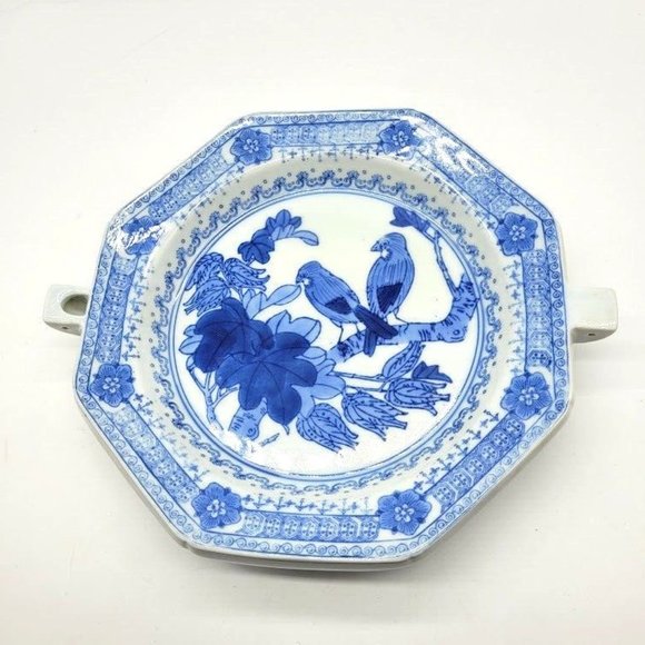 VTG Chinese Export Ware Blue Birds on Branch Warming Dish Entertaining Dinner - Picture 3 of 11